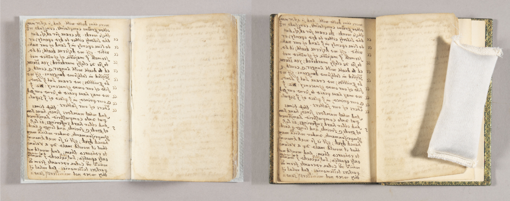 Left: William Bradford’s Dialogue before dis-binding: An open book with handwritten pages, and a weight holding the turned pages down so the text is accessible. The pages don’t open fully.
Right: William Bradford’s Dialogue after dis-binding: Formerly bound manuscript pages sewn into a paper cover. Bound document open at a center page, white string down the crease holding the handwritten pages together.