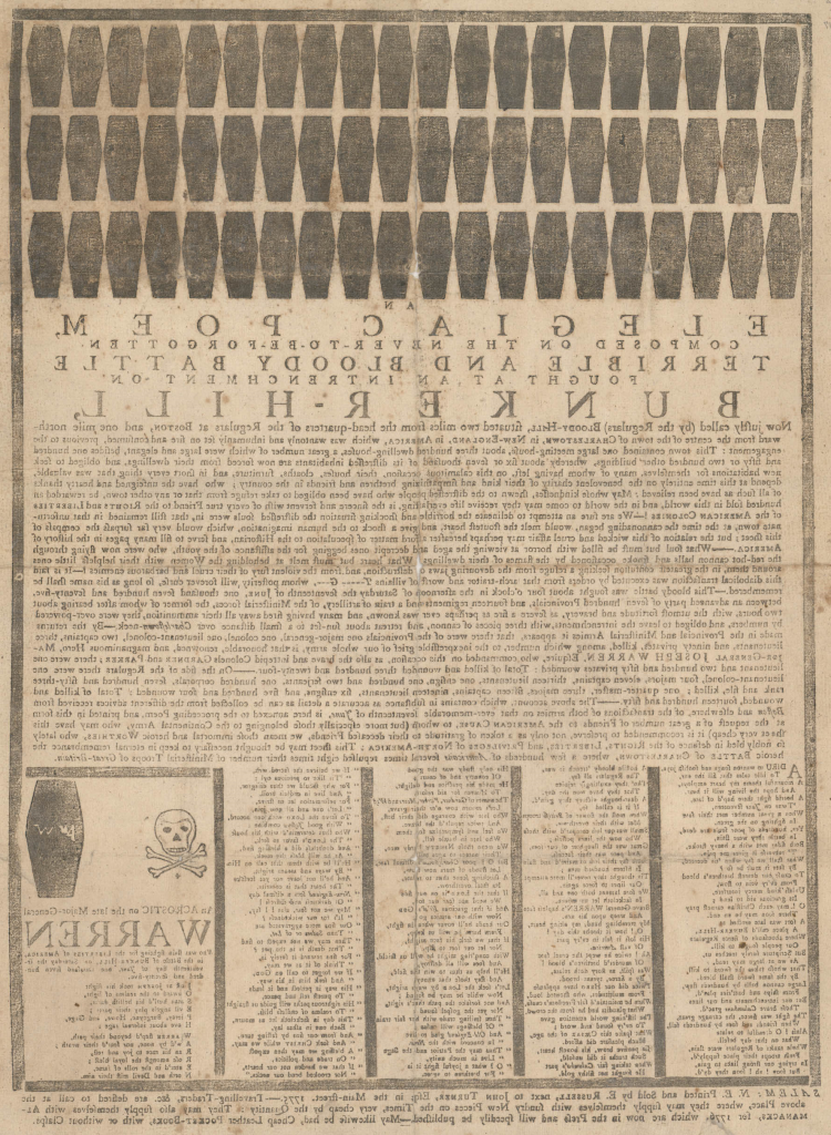 A color photograph of a black ink printed poem, text and images on a piece of paper discolored with age. At the top are 60 coffin shapes with text underneath. In the bottom right is another coffin with a skull and crossbones. 