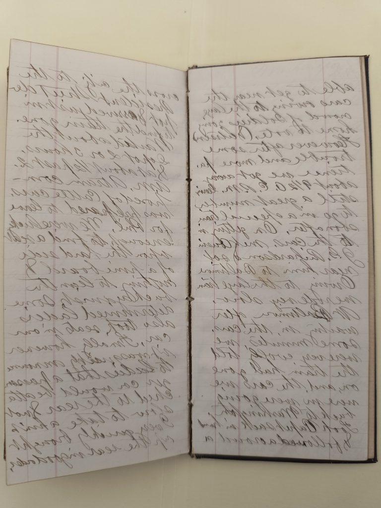 Color photograph of two open pages of a handwritten diary. The pages are lined, and entries are written on both sides in black ink.